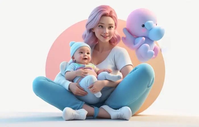 Playful Baby and Mother 3D Character Design Illustration